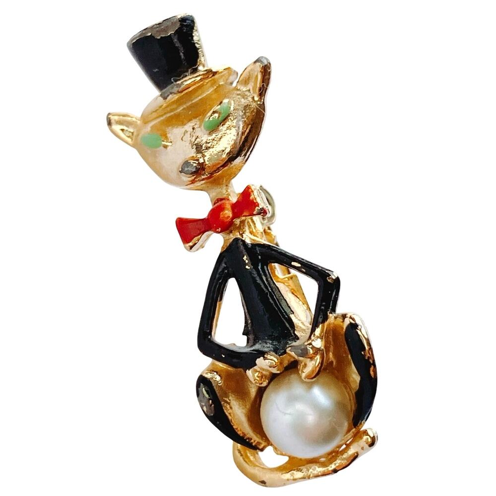 VTG 50s Brooch Enamel Faux Pearl Cat Tuxedo Mid Century Gold Tone Whimsical Pin